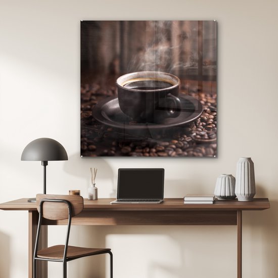 MuchoWow® Peinture sur verre 90x90 cm - Peinture sur verre - Café - Chaud - Grains de café - Photo sur verre acrylique - Peintures