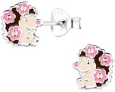 Joy|S - Zilveren egel oorbellen - met roze bloemetjes - 6 x 7 mm - kinderoorbellen