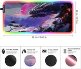 Anime RGB-gamingmuismat, 900 x 400 x 3 mm, grote XXL-muismat, LED-bureaumat met antislip rubberen onderkant en duurzaam gestikte randen voor gepersonaliseerde gamers (90 x 40 rgbdragon)