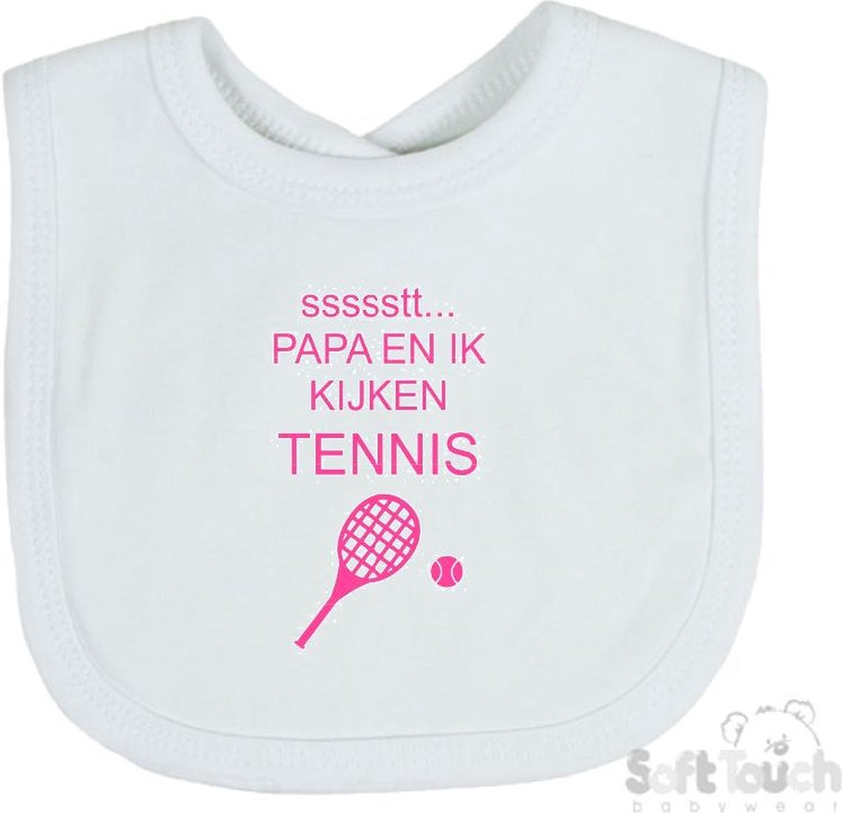 Goedkoopste Soft Touch Slabber Slabbetje Slab ssssstt... Papa en ik kijken tennis Unisex Katoen Wit/roze Maat 33x22 Cm