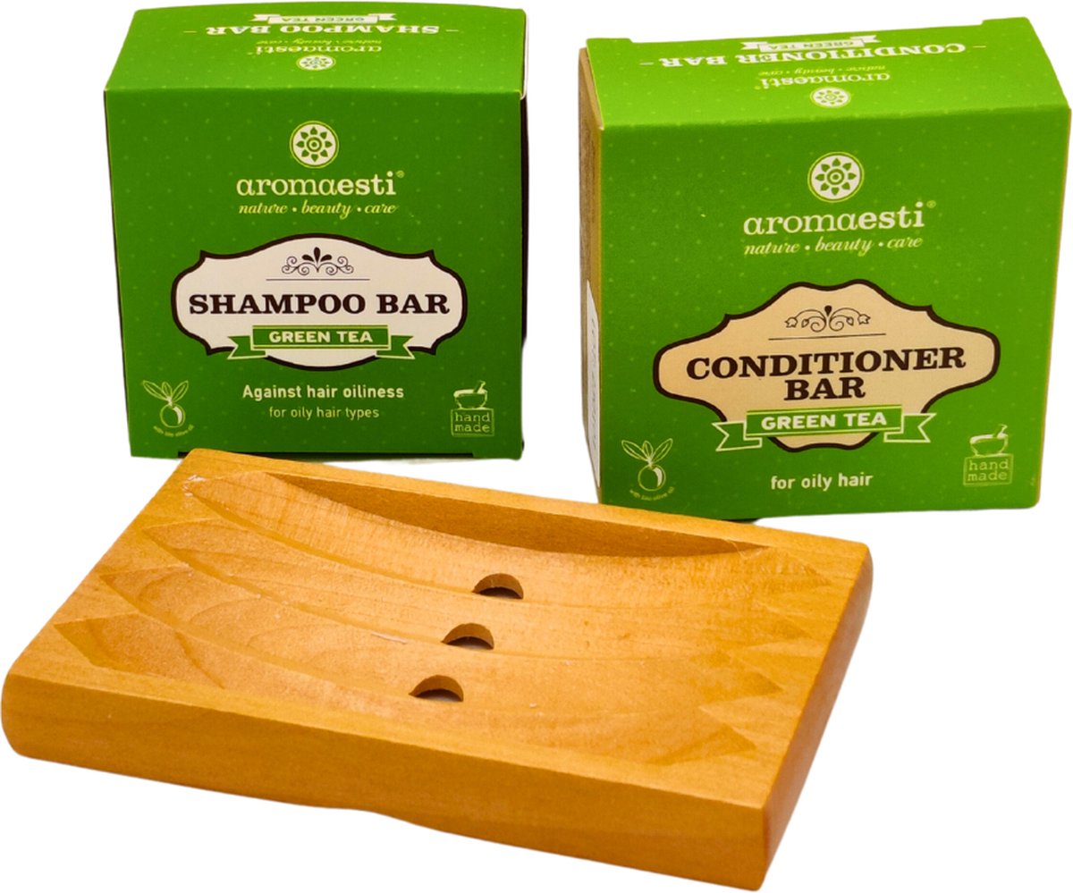 Aromaesti - Bundle deal - shampoo- & conditionerbar Green Tea (vet haar) + zeepplankje - natuurlijk - vegan - zeep - handgemaakt - biologisch