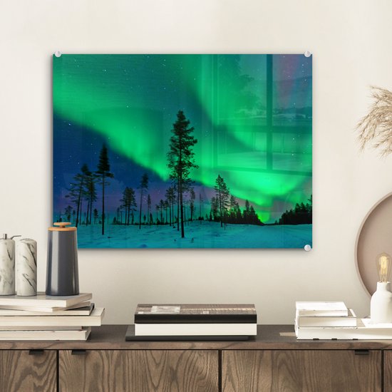 Peinture sur verre MuchoWow® 40x30 cm - Peinture acrylique sur verre - Aurores boréales - Suède - Arbre - Photo sur verre - Peintures