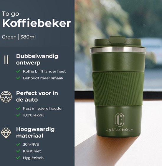 Castagnola Thermosbeker - Koffiebeker To Go - Travel Mug voor Koffie en Thee - Theebeker - 380 ML - RVS - Groen