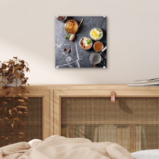 MuchoWow® Peinture sur Verre - Miel - Épices - Cuisine - Marbre - 20x20 cm - Peintures sur Verre Acrylique - Photo sur Glas
