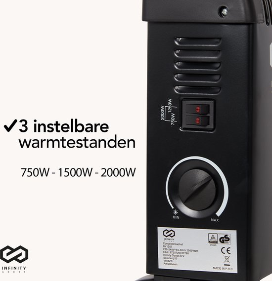 Detail van de zwarte convector kachel met 3 warmtestanden: 750W, 1500W, 2000W.
