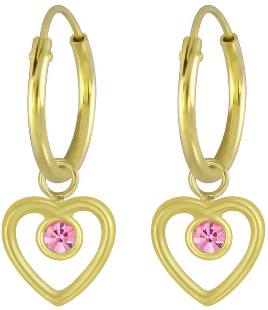 Joy|S - Zilveren hartje bedel oorbellen - kristal roze - oorringen voor kinderen - 14k goudplating
