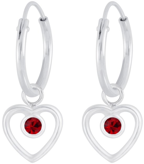 Joy|S - Zilveren hartje bedel oorbellen - kristal rood - oorringen voor kinderen
