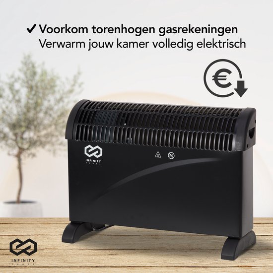 Zwarte elektrische convector kachel op een houten tafel, verwarmt de kamer elektrisch.