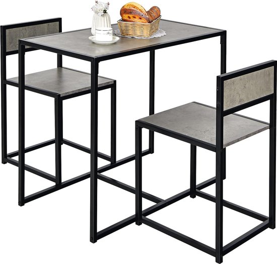 Bartafelset 3-delig, eettafel met 2 stoelen, kleine eetgroep met metalen frame, keukenbar, zitgroep, keukentafel, statafel, hout, bistrotafel voor keuken, eetkamer en bistro (grijs)