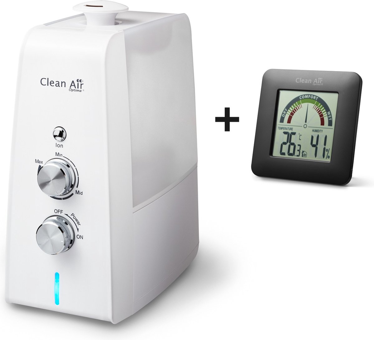 Clean Air Optima® CA-602 - Luchtbevochtiger met Ionisator en Aromatherapie + Clean Air Optima® HT-01B Hygrometer en Thermometer