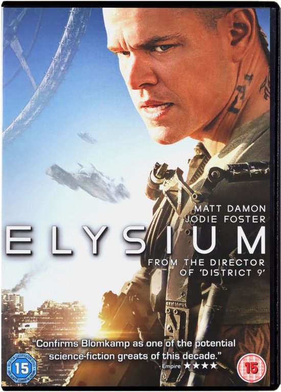 Matt Damon in gevechtspak, met de titel 'Elysium' en 'From the Director of District 9' op de voorkant van de DVD.