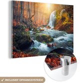 MuchoWow® Glasschilderij 180x120 cm - Schilderij acrylglas - Waterval - Zon - Herfst - Foto op glas - Schilderijen