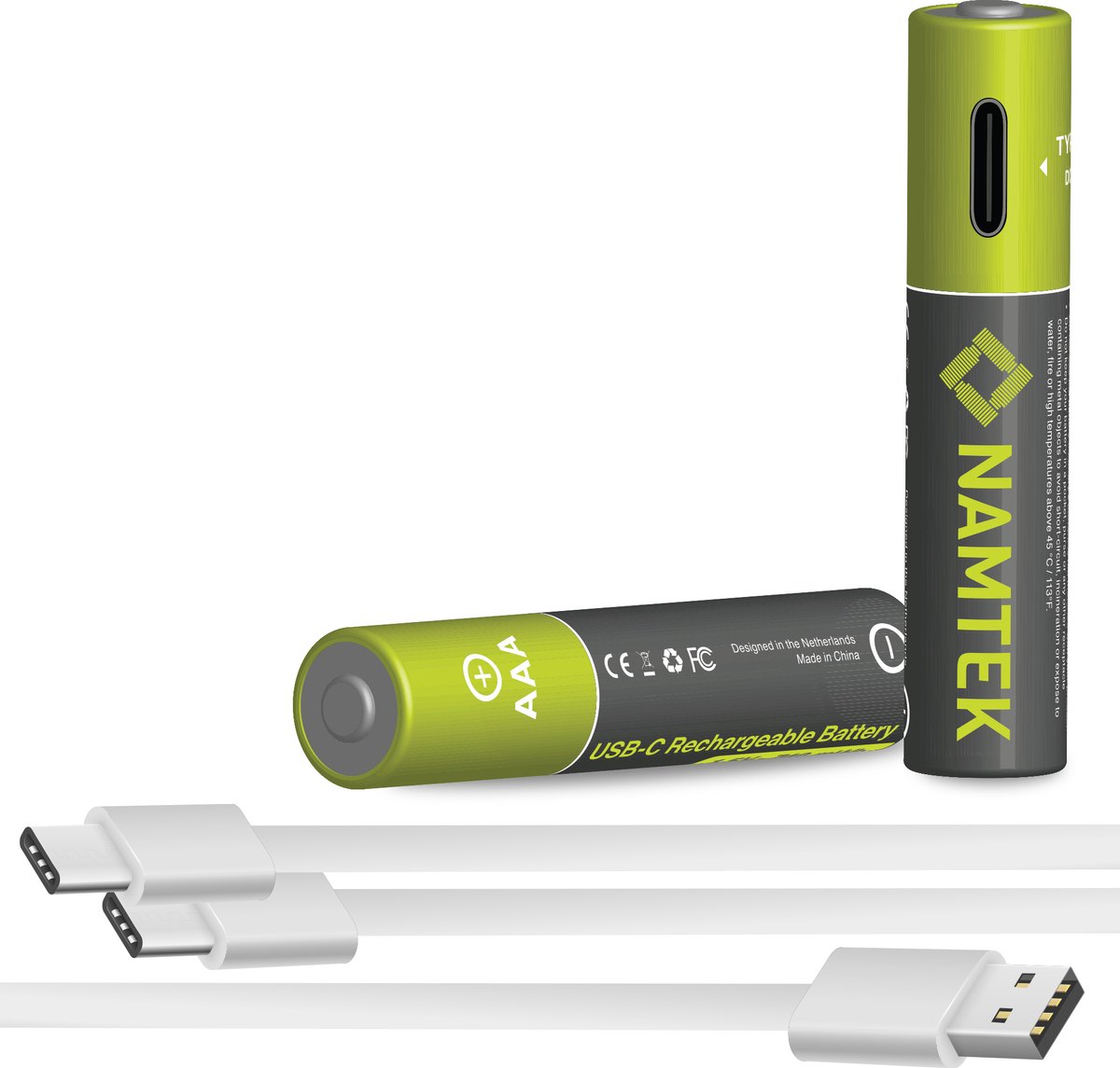 Namtek Oplaadbare batterijen AAA 1.5V 740 mWh met USB Type-C Kabel opladen - Lithium USB batterijen - Duurzame Keuze - 2 stuks