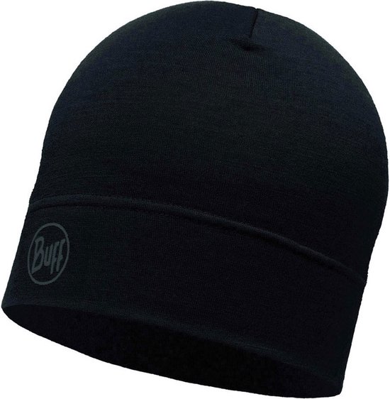 Zwarte Buff muts met een lichtgrijze cirkel logo op de voorkant.