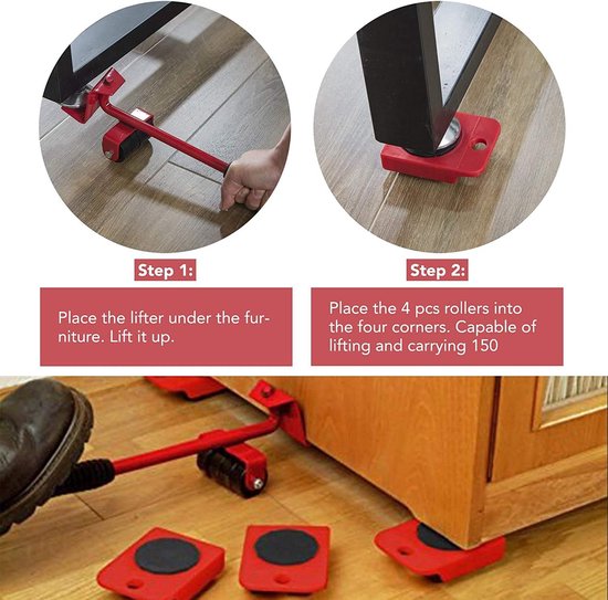 JurciCat Meubeltransportwielen set Van 9 Stuks Meubelheffer Meubel Wielen Meubel Transportwielen 4 Transportwielen 360 Graden Draaibaar Pu Wielanti-slip Pads Crowbar Max Voor 400kg