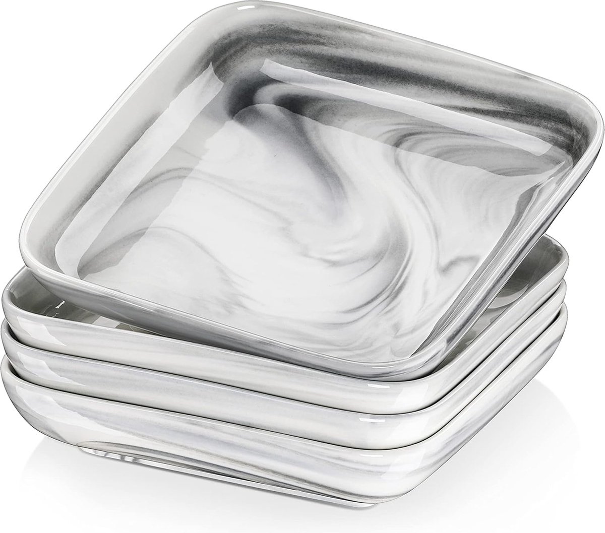Serie Ivy, 4-delige set, marmer, porselein, soepborden, diepe borden, eetservies, 20,5 x 20,5 x 4 cm, voor 4 personen