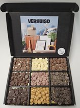 Chocolade Callets Proeverij Pakket met Mystery Card 'Verhuisd' met persoonlijke (video) boodschap | Chocolademelk | Chocoladesaus | Verrassing box Verjaardag | Cadeaubox | Relatiegeschenk | Chocoladecadeau