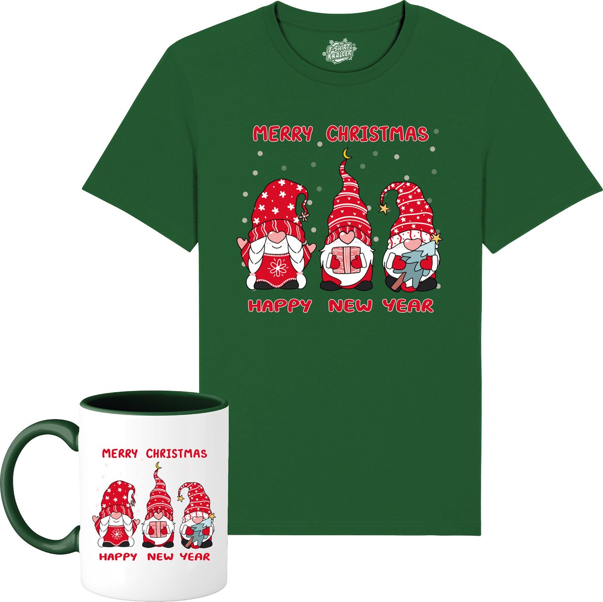 Christmas Gnomies - Foute kersttrui kerstcadeau - Dames / Heren / Unisex Kleding - Grappige Kerst Outfit - T-Shirt met mok - Unisex - Bottle Groen - Maat S