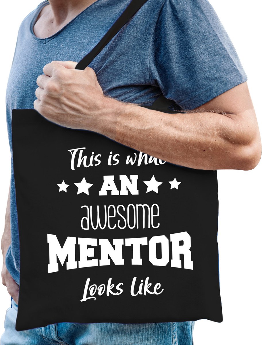 Bellatio Decorations cadeau tas voor mentor - katoen - 42 x 38 cm - zwart - geweldige mentor