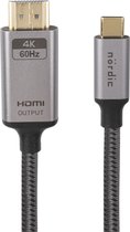 NÖRDIC USBC-N1315 USB-C naar HDMI kabel - 4K 60 Hz - HDCP1.4 en 2.2 - 1,5m - Space Gray