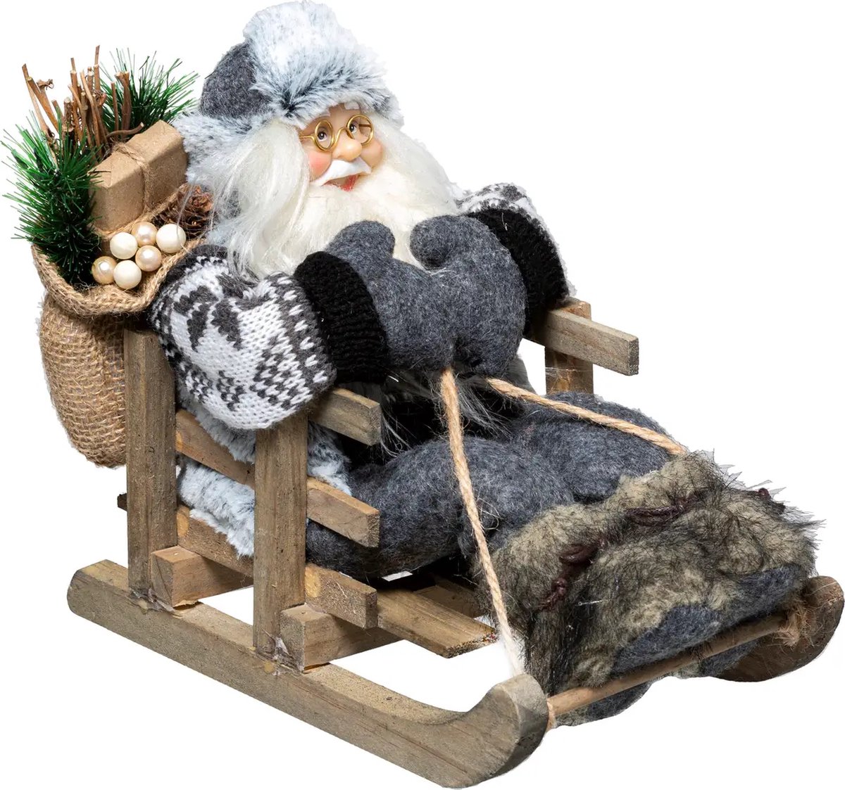 Kristmar Kerstman op slee - Kerstversiering - Kerstdecoratie - L26.5xB14.5xH21.5 cm - Polyethyleen / polyester - Grijs