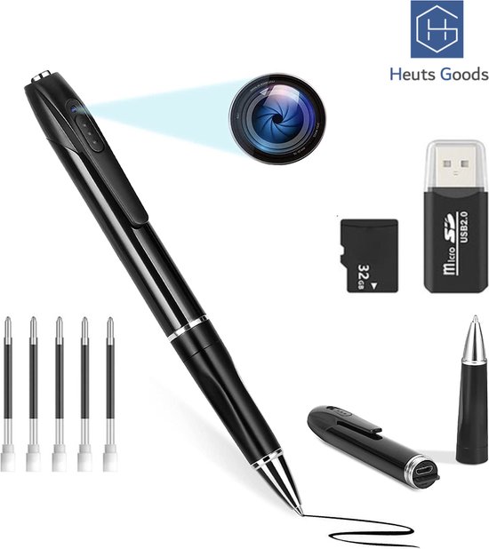 Heuts Goods - Spy Camera Pen - Verborgen Camera - Spy Camera - Met 5 Vullingen - Incl. 32GB Micro SD Kaart en kaartlezer - Full HD 1080P - Zwart