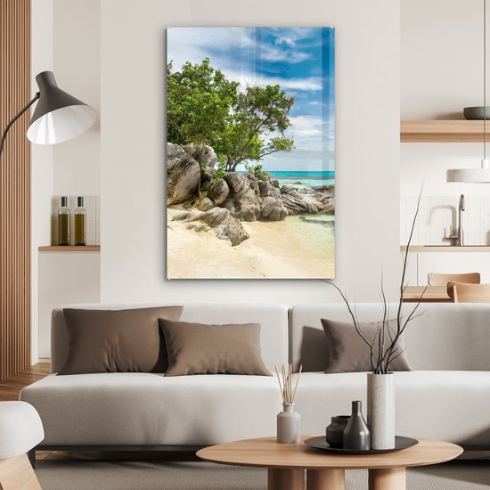 MuchoWow® Peinture sur verre 80x120 cm - Peinture acrylique sur verre - Plage - Pierres - Mer - Été - Photo sur verre - Peintures