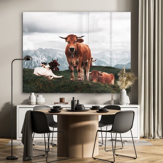MuchoWow® Peinture sur verre 160x120 cm - Peinture sur verre acrylique - Animaux - Vache - Berg - Photo sur verre - Peintures