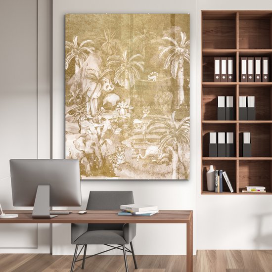 MuchoWow® Glasschilderij 120x160 cm - Schilderij acrylglas - Jungle - Goud - Kinderen - Planten - Dieren - Foto op glas - Schilderijen