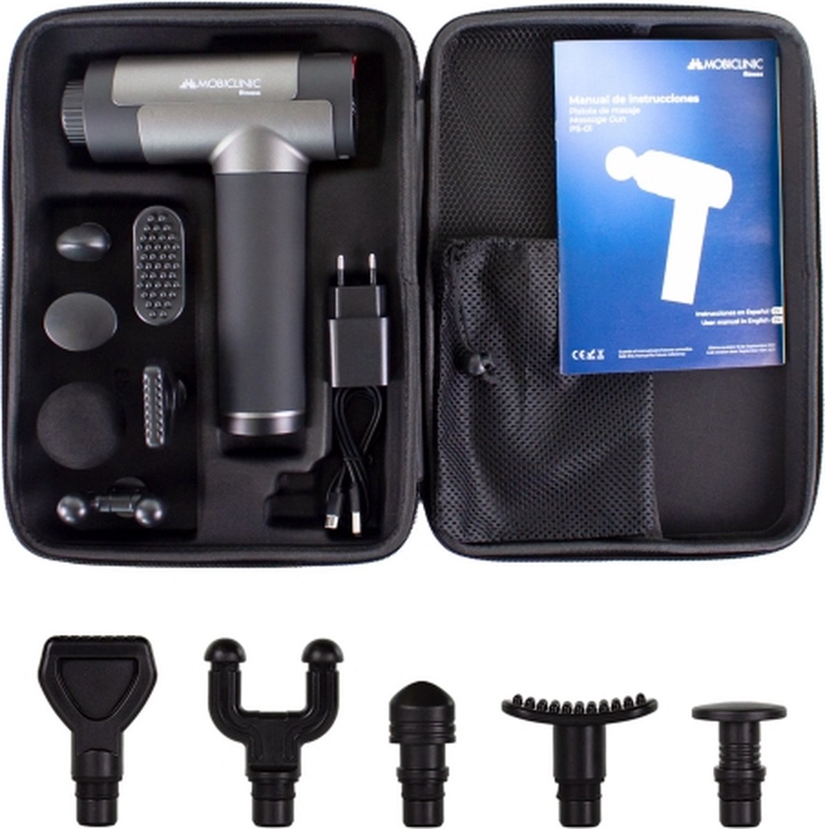 Mobiclinic PS-01 - Massageapparaat - Massage Gun - Massage pistool - 6 verschillende Opzetstukken - 30 instelbare intensiteitsniveaus - LCD scherm - Spiermassagepistool - Diep weefsel massageapparaat - Draagbaar - Grijs thumbnail 8