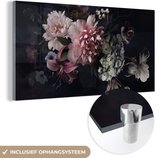 Glasschilderij bloemen - Vintage - Pastel - Zwart - Boeket - Schilderij glas - Woonkamer - 120x60 cm - Decoratie bloemen - Kamer decoratie - Wanddecoratie