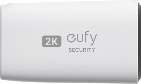 Witte eufy 2K beveiligingscamera met 'eufy SECURITY' logo.