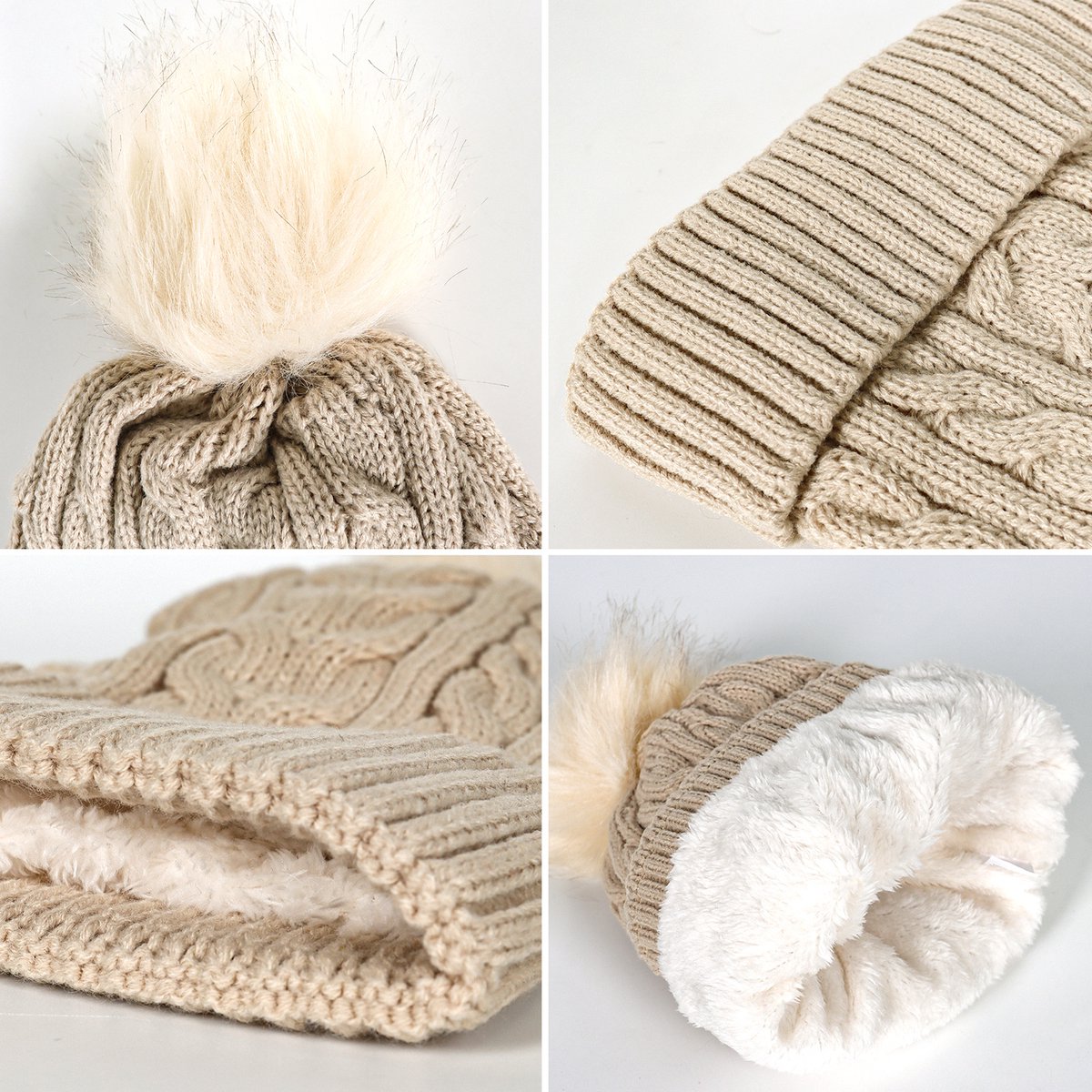 CALIYO Beanie Muts - Wintermuts Dames - Warme Mutsen met Imitatiebont Pompon - Gebreide Skimutsen - Gevoerd Wol - Beige — cadeau in Mode & Accessoires - foto 4