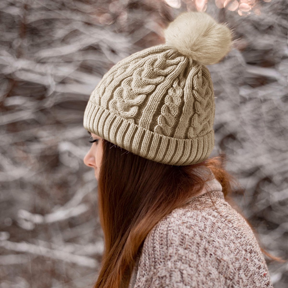 CALIYO Beanie Muts - Wintermuts Dames - Warme Mutsen met Imitatiebont Pompon - Gebreide Skimutsen - Gevoerd Wol - Beige — cadeau in Mode & Accessoires - foto 3