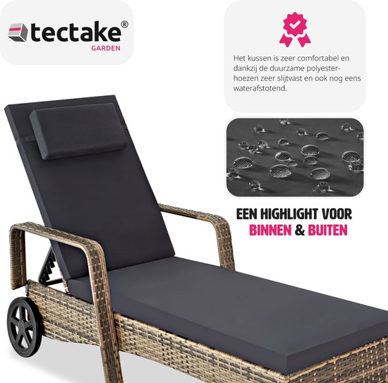 tectake® aluminium wicker ligstoel met armleuningen en wielen, poly rotan tuinligstoel voor buiten met 6-voudig in hoogte verstelbare rugleuning (tot 150 kg), balkonmeubel of tuinmeubel - natuur - poly-rattan - Tectake