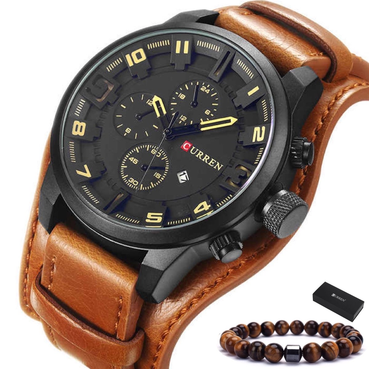 Curren - Horloge Heren - Cadeau voor Man - Horloges voor Mannen - 48 mm - Bruin Geel