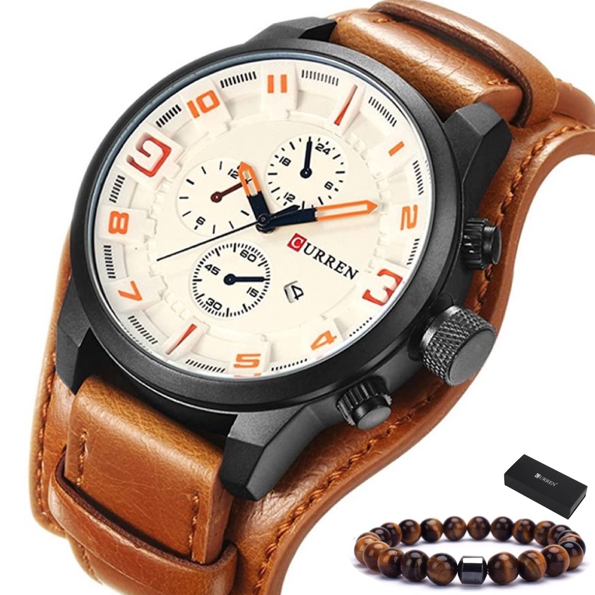 Curren - Horloge Heren - Cadeau voor Man - Horloges voor Mannen - 48 mm - Bruin Wit