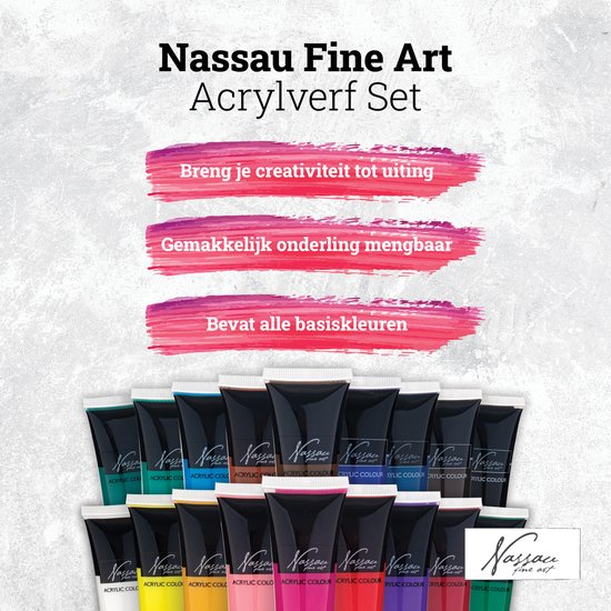 Nassau Fine Art Acrylverf set | 18 acrylverf tubes x 36 ML | Schilderen voor volwassenen | hobbyverf - Nassau Fine Art