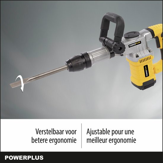 Grijze en gele breekhamer met een platte beitel in de SDS Max-aansluiting. Tekst: Verstelbaar voor betere ergonomie.