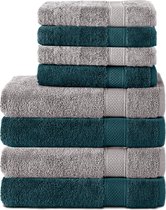 Komfortec Handdoekenset – Set van 8 - 4x Handdoek 50x100 cm en 4x Badhanddoek 70x140 cm - 100% Katoen - Zilvergrijs&Petrolemblauw