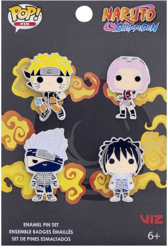 Un emballage de quatre broches Funko Pop! Naruto Shippuden : Naruto, Sakura, Kakashi et Sasuke.