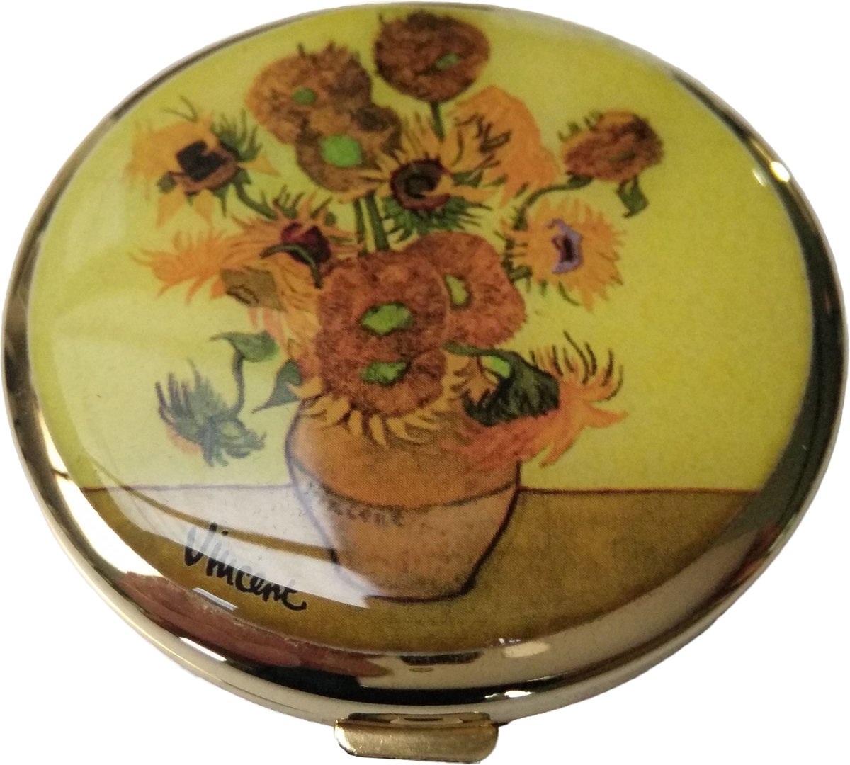 Luxe chique Poederdoos messing verguld, met afbeelding zonnebloemen van Vincent van Gogh, zonder poeder