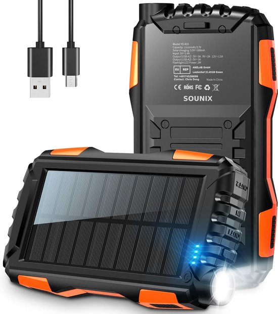 Sounix powerbank 30000 mAh – solar – zwart