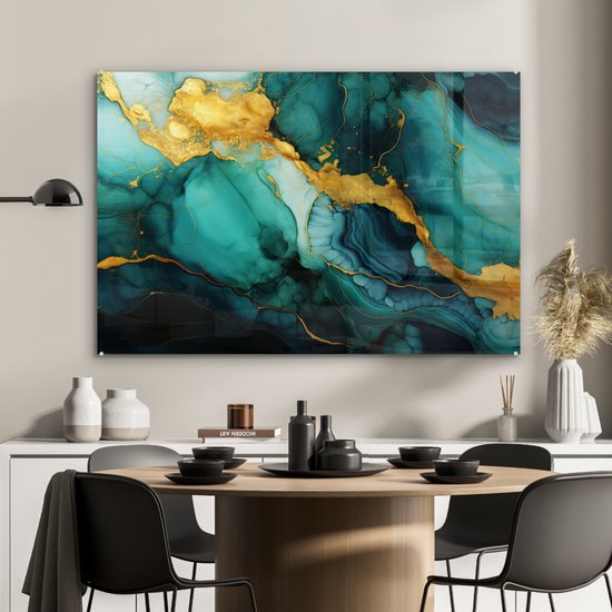MuchoWow® Peinture sur verre 120x80 cm - Peinture sur verre - Marbre - Or - Blauw vert - Abstrait - Turquoise - Photo sur verre acrylique - Peintures