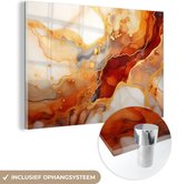 MuchoWow® Glasschilderij 120x80 cm - Schilderij glas - Marmer - Oranje - Goud - Modern - Abstract - Foto op acrylglas - Schilderijen