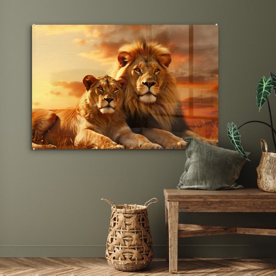 MuchoWow® Peinture sur verre 120x80 cm - Peinture sur verre - Lions - Coucher de soleil - Afrique - Savane - Animaux - Photo sur verre acrylique - Peintures