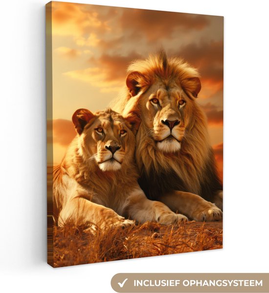 Canvas Schilderij 90x120 cm - Leeuwen - Zonsondergang - Afrika - Savanne - Dieren - Wanddecoratie woonkamer - Kamer decoratie - Slaapkamer accessoires - Wanddoek binnen - Schilderijen