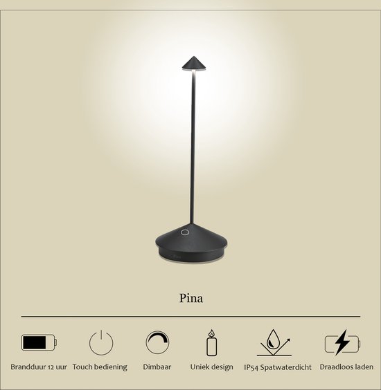 Zafferano, Pina Lamp, Oplaadbare Draadloze Tafellamp met Aanraakbediening, Geschikt voor Binnen en Buiten, Dimmer, 2200-3000 K, Hoogte 29 cm, Zwarte Kleur