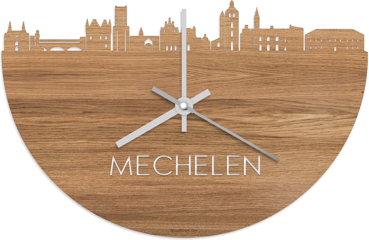 Skyline Klok Mechelen Eikenhout - Ø 40 cm - Stil uurwerk - Wanddecoratie - Meer steden beschikbaar - Woonkamer idee - Woondecoratie - City Art - Steden kunst - Cadeau voor hem - Cadeau voor haar - Jubileum - Trouwerij - Housewarming - WoodWideCities