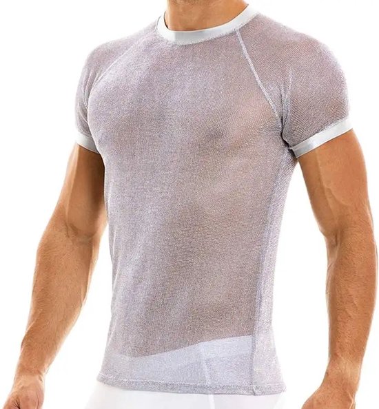 Verleidelijk transparant shirt mannen - Glitters - Heren mode - Erotisch getint - Korte mouwen - Ronde hals - Sexy doorzichtig - Intiem en feest